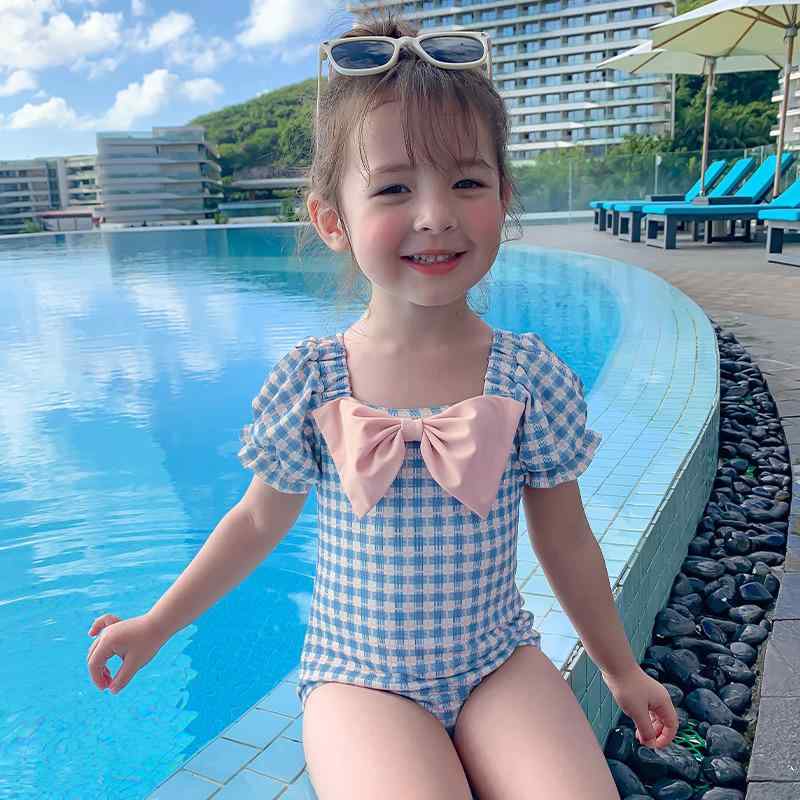 水着 女の子 キッズ ベビー 幼児 ワンピース スイムウェア 速乾 春夏 温泉 プール 海水浴 ポリエステル 格子柄 ブルー 韓国風 かわいい UVカット