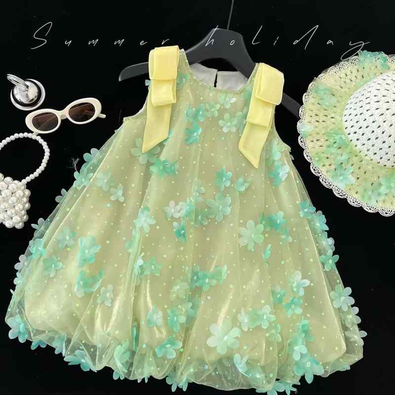 キッズ 女の子 ノースリーブ ワンピース ドレス 立体花柄 チュール プリンセス Aライン フォーマル パ..