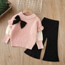 キッズ 女の子 ニット 上下セット 長袖 ラウンドネック アクリル リボン 切り替え トップス アウター 秋冬 春 柔らかな肌触り 韓国風 カジュアル ブラウン モスグリーン ピンク