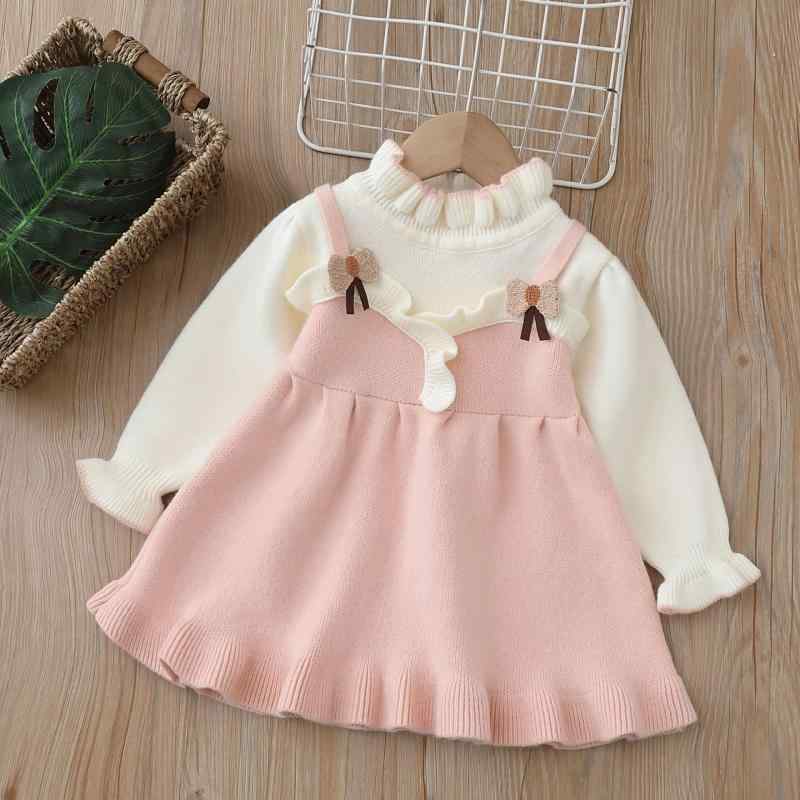 ジャンパースカート キッズ 女の子 ニットワンピース スイート リボン かわいい 秋冬 ピンク レッド ア..