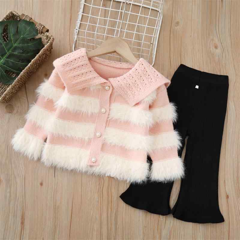 ニット セットアップ キッズ 女の子 花柄 ふわふわ カーディガン セーター ロングパンツ ツーピース アクリル 秋冬 普段使い 通園 通学 ピンク パープル ホワイト