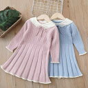 ニットワンピース 女の子 キッズ 秋冬 スイート かわいい 裏起毛 長袖 ラウンドネック アクリル混紡 ピンク ブルー プリンセス風 リボン バイカラー