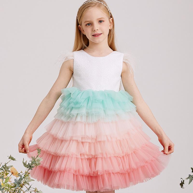 ワンピース キッズ 女の子 プリンセスドレス フォーマル カラフル ティアードスカート 切り替え チュール メッシュ パフスリーブ リボン付き ポリエステル コットン 発表会 結婚式 パーティー 誕生日