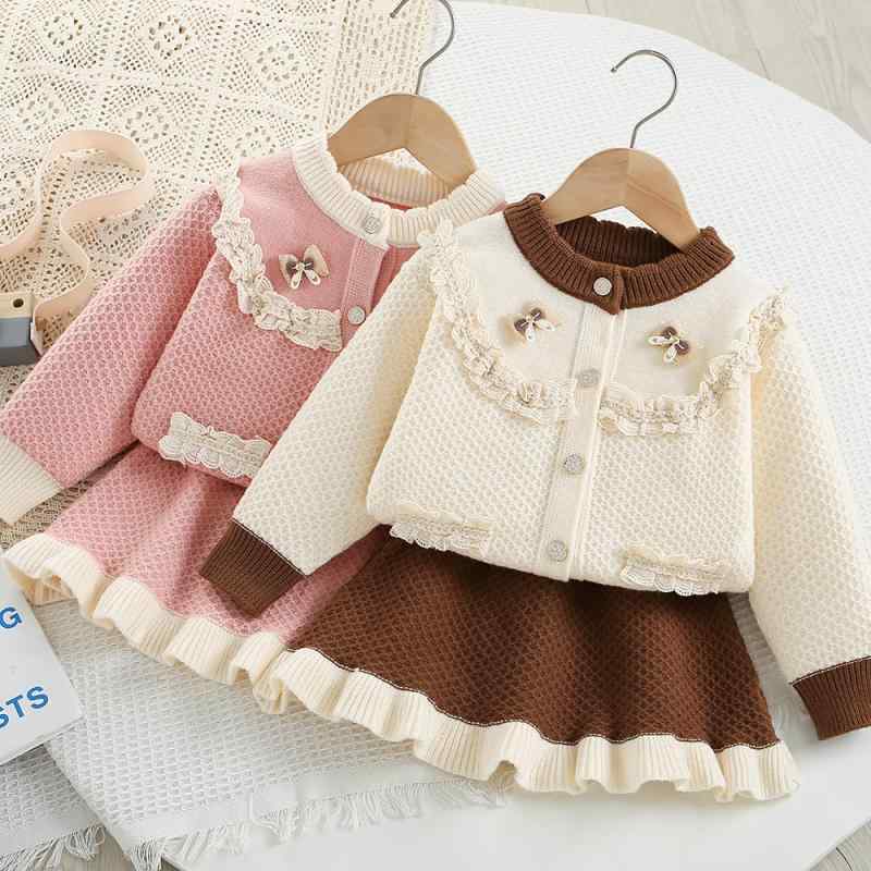 ガールズ ニット セットアップ カーディガン スカート 2点セット 長袖 レース縁 秋冬 韓国風 オルチャンファッション かわいい ポリエステル ポリ混 普段使い お出かけ着 ピンク レッド オフホワイト 柔らか素材