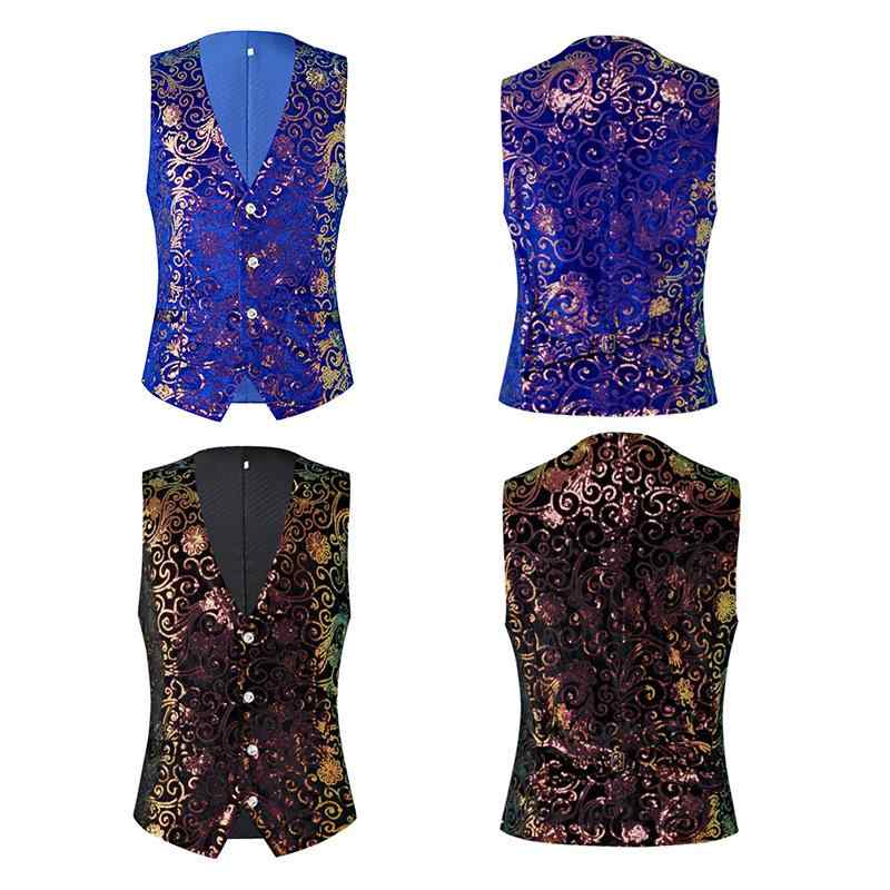 ベスト メンズ 英国風 プリント柄 切り替え Vネック スリムフィット フォーマル 礼服 結婚式 舞台衣装 司会者 ビジネス ポリエステル ブルー ブラック(4)