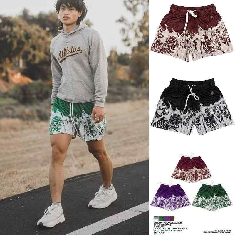 バスパン アメリカン レトロ スカル フレイム柄 膝上丈 ショート丈 ゆったり 速乾 トレーニング フィッ..