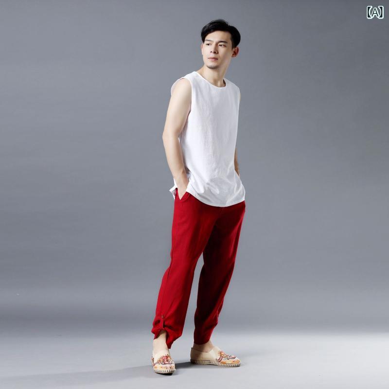 タンクトップ メンズ ラウンドネック 綿麻 無地 スポーツ インナー ゆったり ルーズフィット カジュアル ホワイト 夏 サマー コットンリネン 男性 肌着