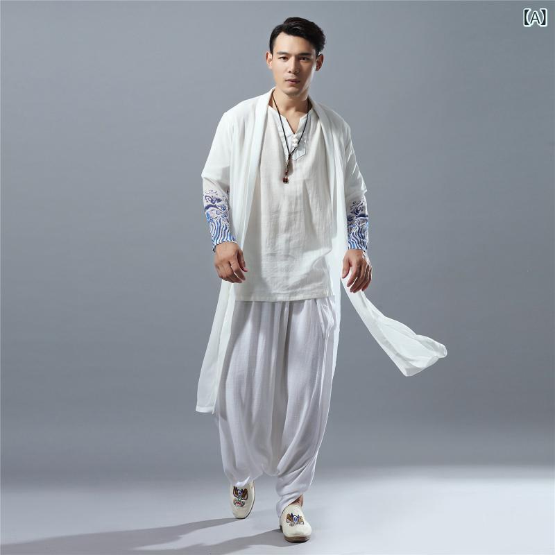 シャツ トップス メンズ 民族風 薄手 シフォン 襟付き 長袖 ゆったり カジュアル 切り替え プリント柄 ホワイト 旅行 普段使い 春夏