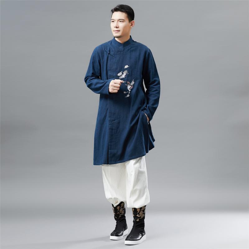 シャツ メンズ トップス 民族風 エスニック 中国風 レトロ ヴィンテージ チャイナシャツ 鶴刺繍 プリント柄 スタンドカラー 立ち襟 薄手 綿 コットン カジュアル 秋物