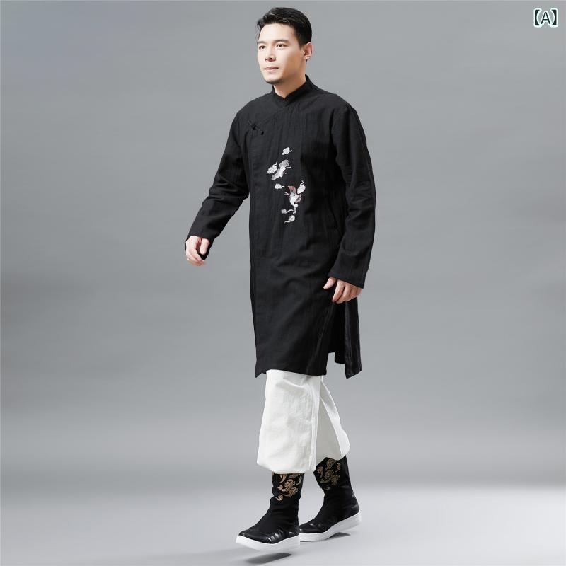 シャツ メンズ トップス 民族風 エスニック 中国風 レトロ ヴィンテージ チャイナシャツ 鶴刺繍 プリント柄 スタンドカラー 立ち襟 薄手 綿 コットン カジュアル 秋物