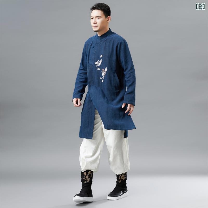 シャツ メンズ トップス 民族風 エスニック 中国風 レトロ ヴィンテージ チャイナシャツ 鶴刺繍 プリント柄 スタンドカラー 立ち襟 薄手 綿 コットン カジュアル 秋物