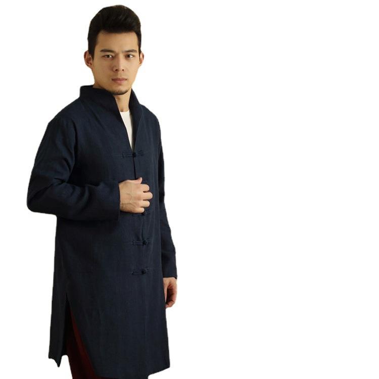 コート メンズ 春秋 民族風 チャイナ風 スタンドカラー ゆったり サイドスリット ミドル丈 チャイナボタン 綿麻