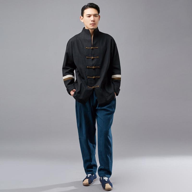 トップス メンズ 民族調 エスニック チャイナ風 長袖 ケーブル編み 麻素材 リネン ラミー カジュアルス..