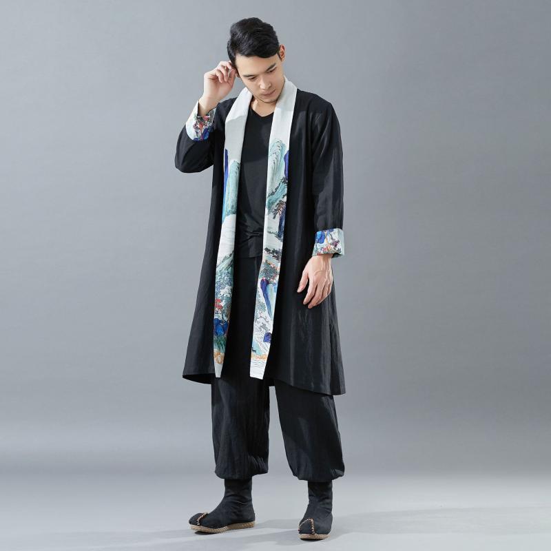 コート メンズ 男性用 ロング丈 綿麻 山水画風プリント オーバーサイズ ゆったり カジュアル リラックススタイル カラー サイドポケット ブラック 春秋