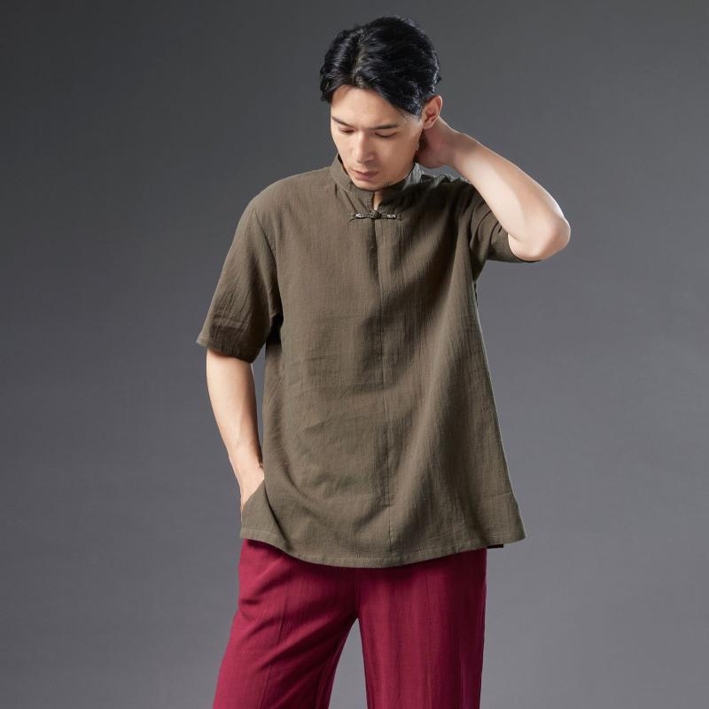 シャツ メンズ 男性用 半袖 綿麻 ゆったり スタンドカラー 銀ボタン 薄手 カジュアル 普段使い 中国風 春夏 リラックスフィット ブラウン