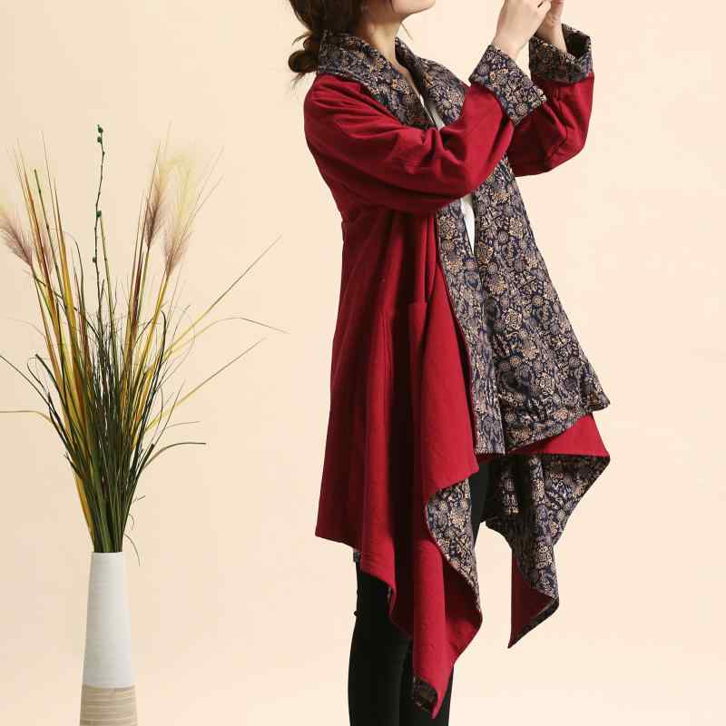 アウター レディース 花柄 ケープ ポンチョ リバーシブル 綿麻 ロング丈 ドルマンスリーブ 長袖 レトロ カジュアル ポケット付き ブラック ブルー ワインレッド 秋冬