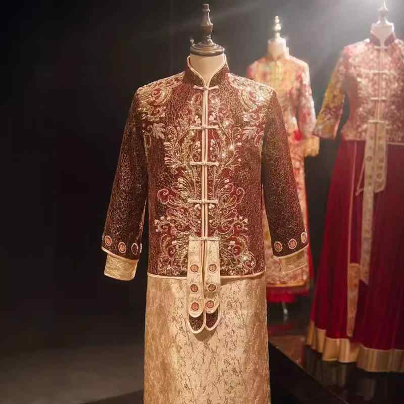 婚礼服 メンズ 新郎 中国風 中華 レトロ クラシカル 結婚式 披露宴 礼服 フォーマルウェア 刺繍 再生繊維 混紡