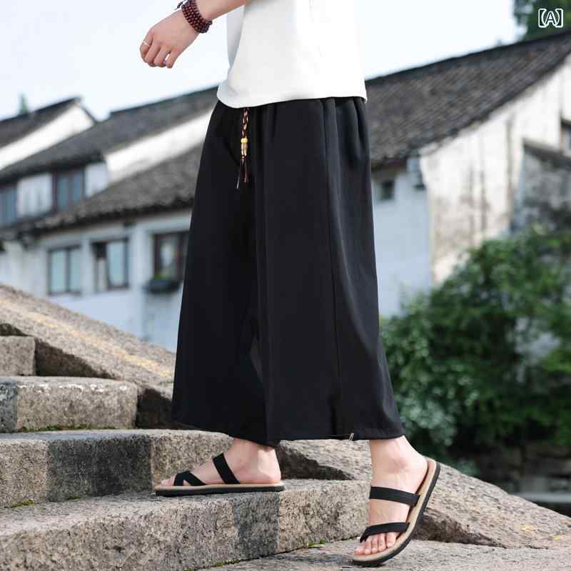 パンツ メンズ 夏用 薄手 チャイナ風 ワイドパンツ 中華風 九分丈 カジュアル ゆったり ストレート 大..