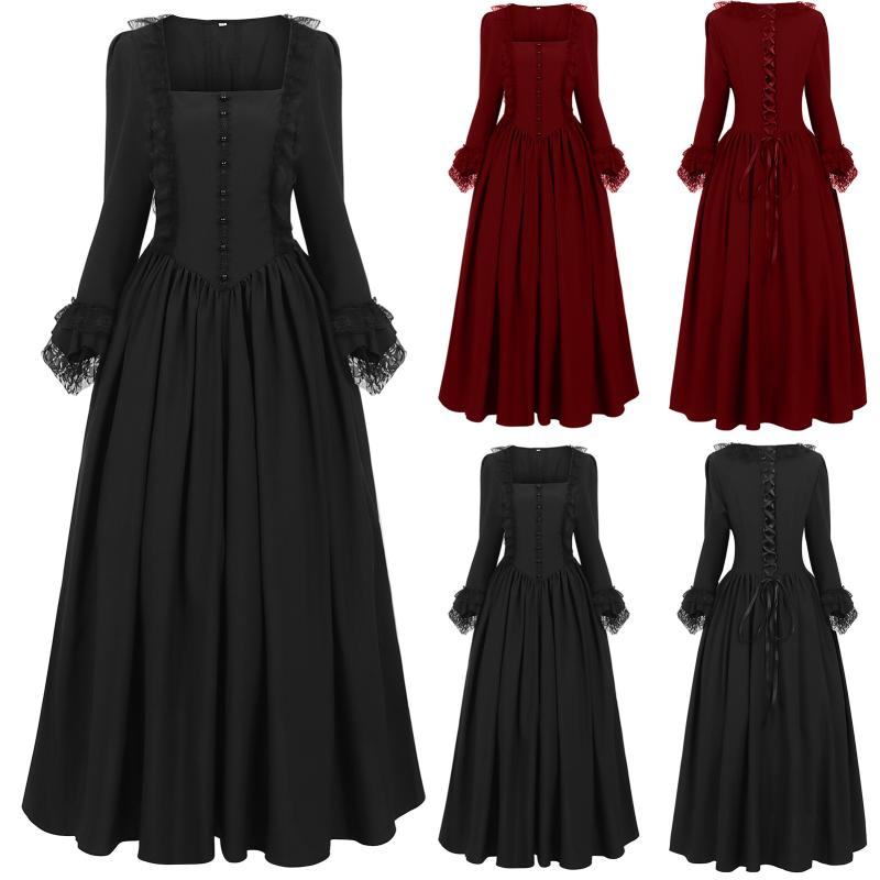 ロングドレス レディース スチームパンク レトロ ゴシック ルネサンス ファッション スタンドカラー 無地 コスプレ 衣装 仮装 舞台 イベント ポリエステル