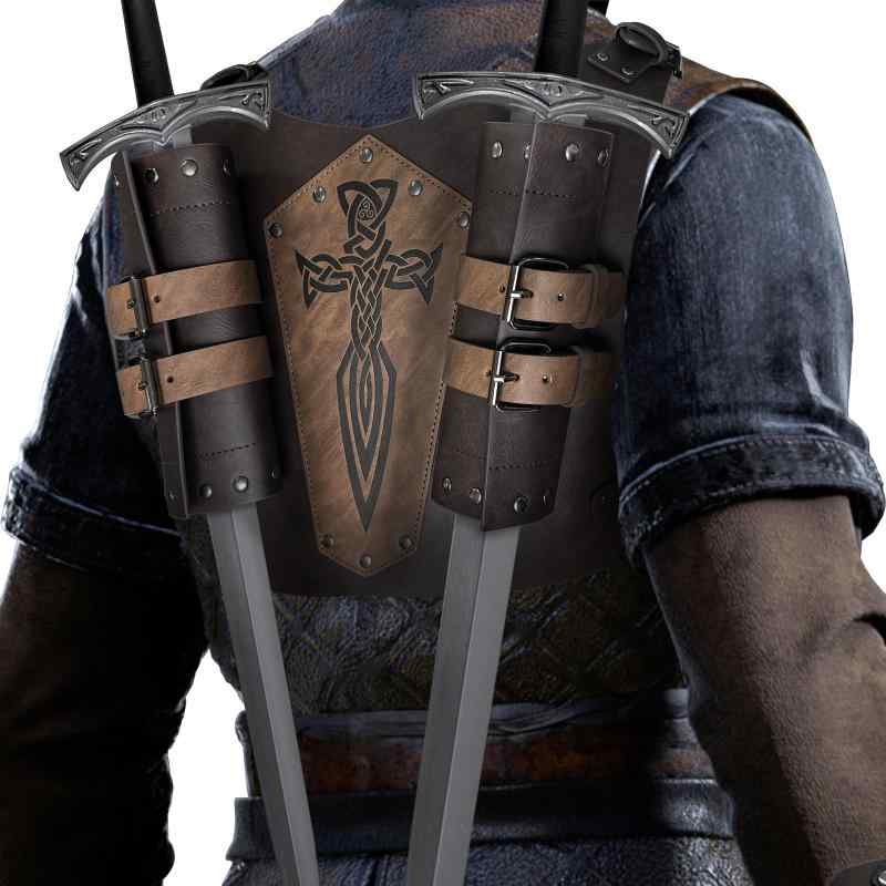 コスプレ道具 成人用 中世風 背負い式 ダブル ソードホルダー 北欧 バイキングスタイル レトロ ファンタジー イベント 舞台 演劇 仮装 ブラック ブラウン