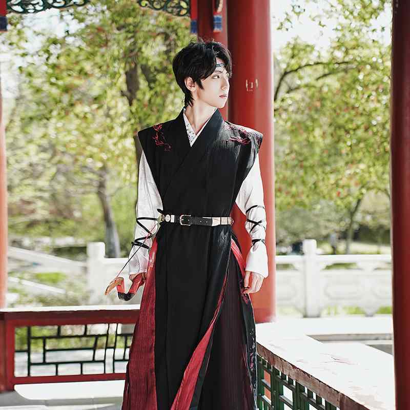 漢服 男性用 中華風 交領 トップス 長裙 提花 繡花 双層 大擺 長衫 褙子 麻混 ポリエステル 春秋 旅行 レジャー 普段使い お出かけ