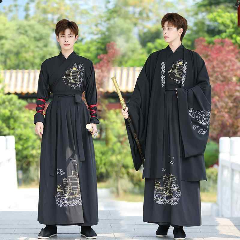 漢服 男女兼用 黒 武侠風 力強い 中国風 古風 民族舞踊 学生向け 日常着 舞台衣装 ゲーム コスプレ シュニール スパンデックス