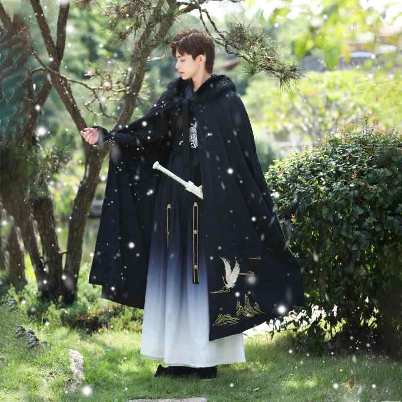 マント メンズ ポンチョ ケープ 中国風 漢服 裏起毛 厚手 フード付き ロング丈 刺繍 ブラック 防寒 カ..