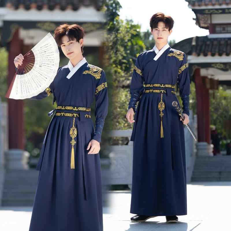 漢服 男女兼用 金龍刺繍 豪華 金糸 中国風 シェニール スパンデックス 舞台衣装 民族舞踊 コスプレ 歴史衣装 書生風 公子風 レトロ ローブ 伝統衣装 春夏