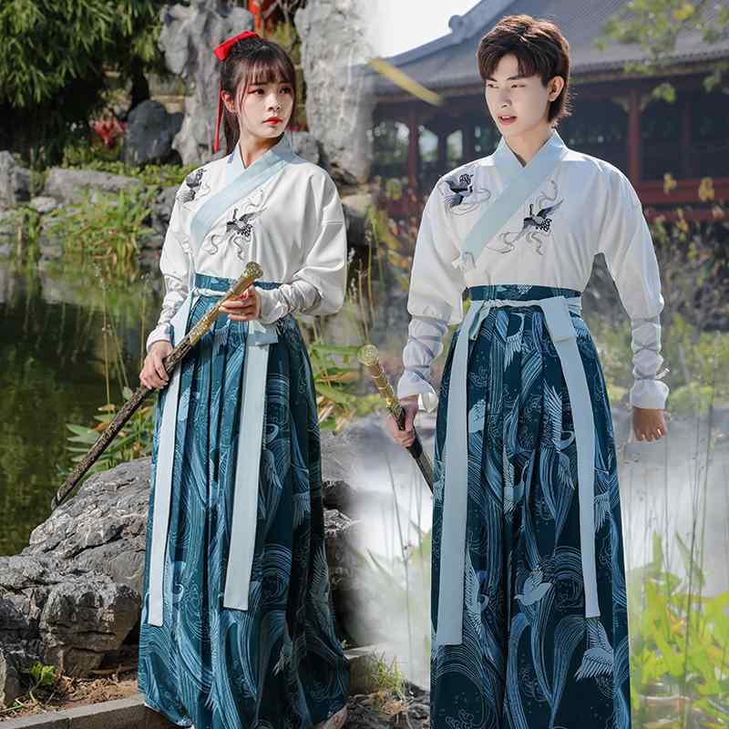 漢服 カップル ペア 武侠風 中国風 仙鶴柄 衣装 コスチューム パフォーマンス 学生 普段着 団体服 ゆったり ビッグサイズ 春夏 綿