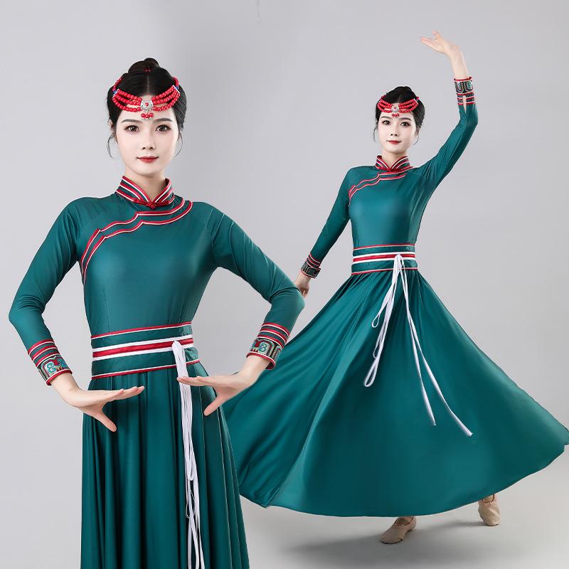 民族衣装 レディース 大人用 モンゴル ダンス 舞台 発表会 演出服 大振り フレア ロング Aライン ドレス ワンピース 民族舞踊 アセテート繊維 ポリエステル ダークグリーン