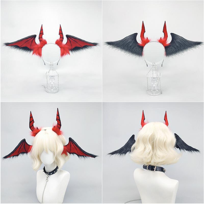 カチューシャ 男女兼用 ハロウィン コウモリ 獣耳 悪魔 デビル ダーク系 ゴシック コスプレ 仮装 パーティー イベント フェイクファー ぬいぐるみ素材 手作り ヘアアクセサリー ヘッドドレス