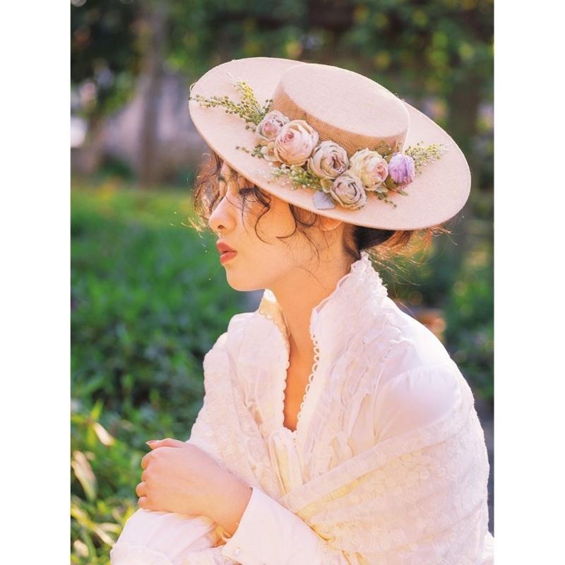 帽子 レディース フレンチハット 平天ハット レトロ エレガント 透かし花柄 グリーンローズ 森ガール風..