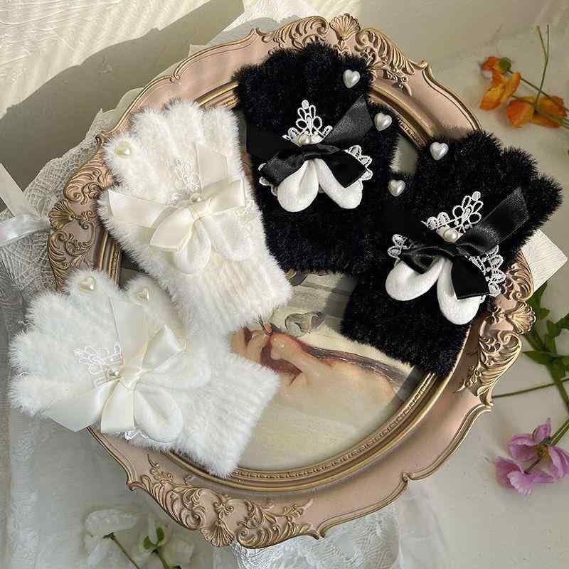 手袋 ロリータ レース ハート ウサギ耳 ラビットファー リボン ビーズ飾り 5本指 厚手 保温 防寒 グロ..