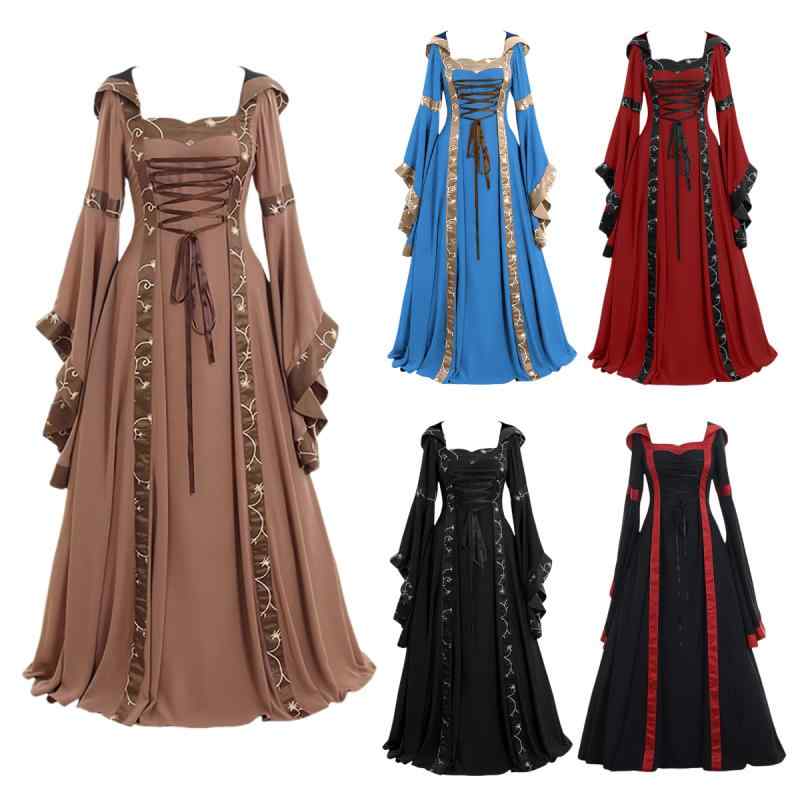ワンピース 中世風 レトロ クラシカル フード付き スクエアネック レース ベルスリーブ ロング丈 フレ..