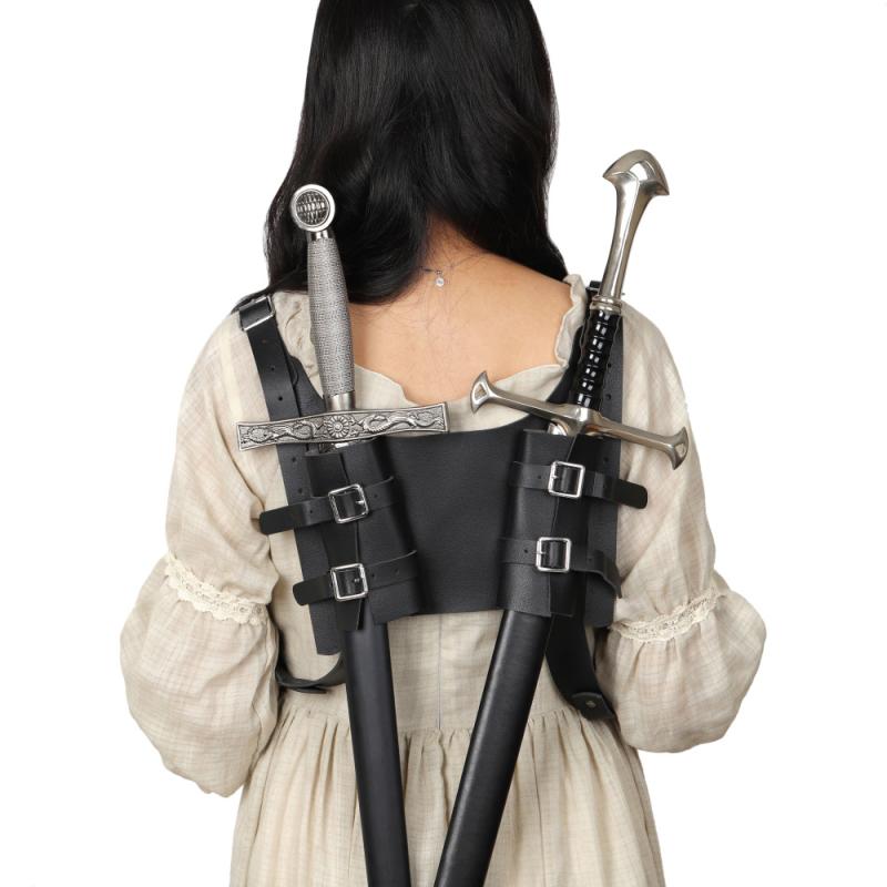 ソードホルダー 中世 ヴァイキング風 フェイクレザー PUレザー 二刀流向け ショルダーハーネス レトロ 調節式 ブラック ダークブラウン コスプレ 舞台 演劇 ハロウィン イベント