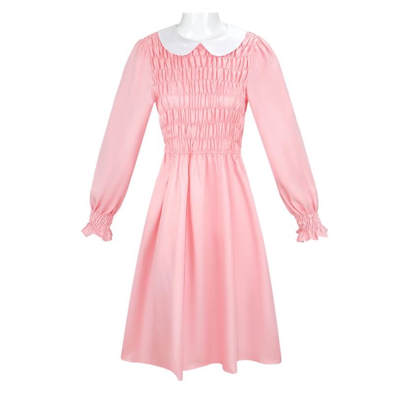 ワンピース ストレンジャー・シングス シーズン3 イレブン コスプレ ハロウィン 仮装 イベント 衣装 ピンク ミディ丈 Aライン パフスリーブ 長袖 ラウンドネック ポリエステル スパンデックス 伸縮性 立体プリント