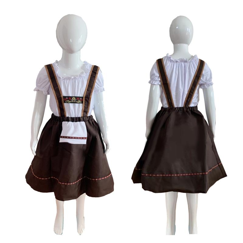 ジャンパースカート キッズ 女の子 ババリア 伝統民族衣装 オクトーバーフェスト コスチューム 花柄刺繍 プリンセス風 キャミソール ロング丈 フリル裾 ブラウン ポリエステル かわいい