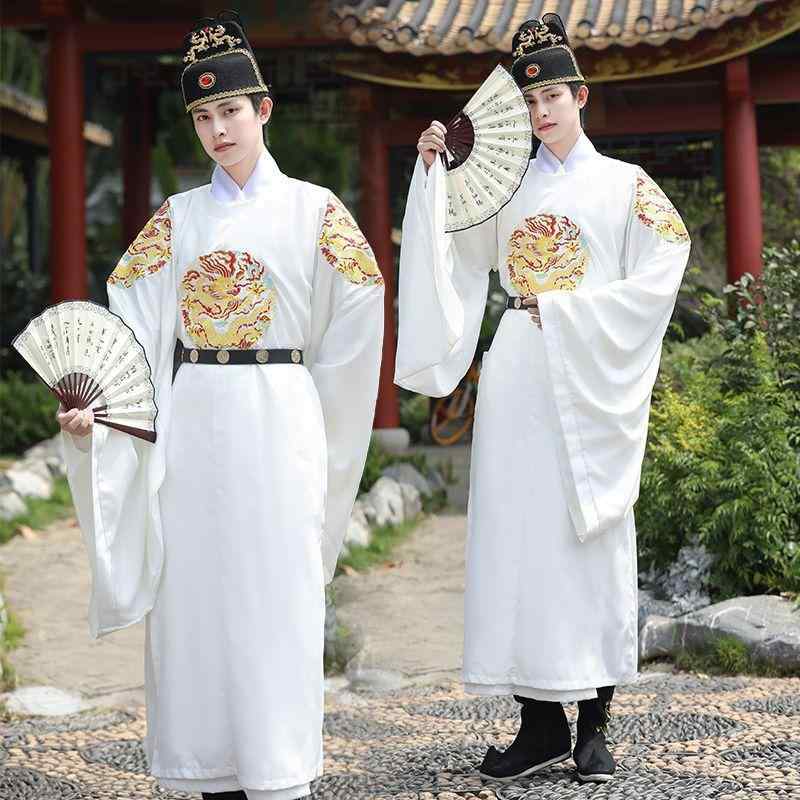 漢服 メンズ 明朝様式 円領袍 皇帝 龍袍 白 四つ丸龍 重厚刺繍 ポリエステル 麻混紡 中国風 古風 復刻 舞台衣装