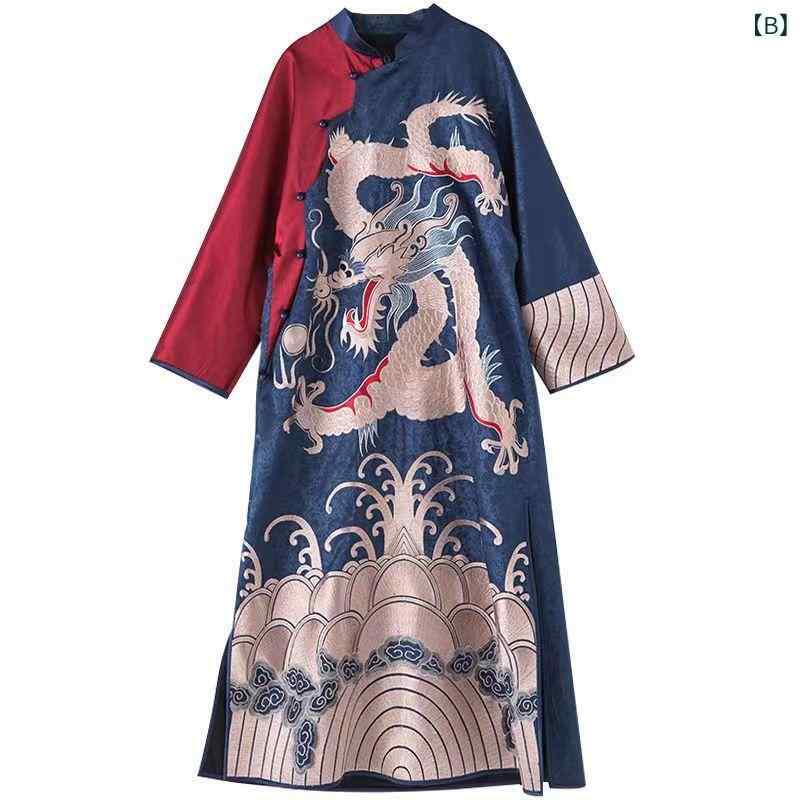 チャイナジャケット レディース 春秋 ロング丈 龍刺繍 エスニック風 大きいサイズ スタンドカラー 長袖 光沢感 サテン調 手作りチャイナボタン 上品 エレガント