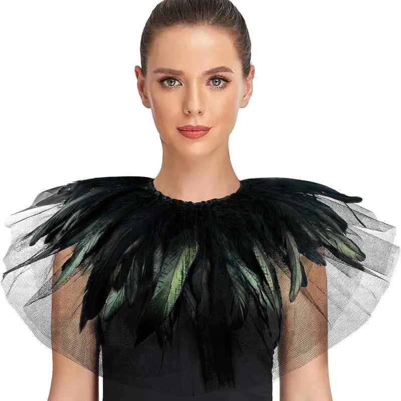 ショール 男女兼用 羽根 フェザー 二重 メッシュ シースルー リボン 黒 白 ハロウィン パーティー イベント ナイトクラブ 舞台 衣装 コスプレ 仮装