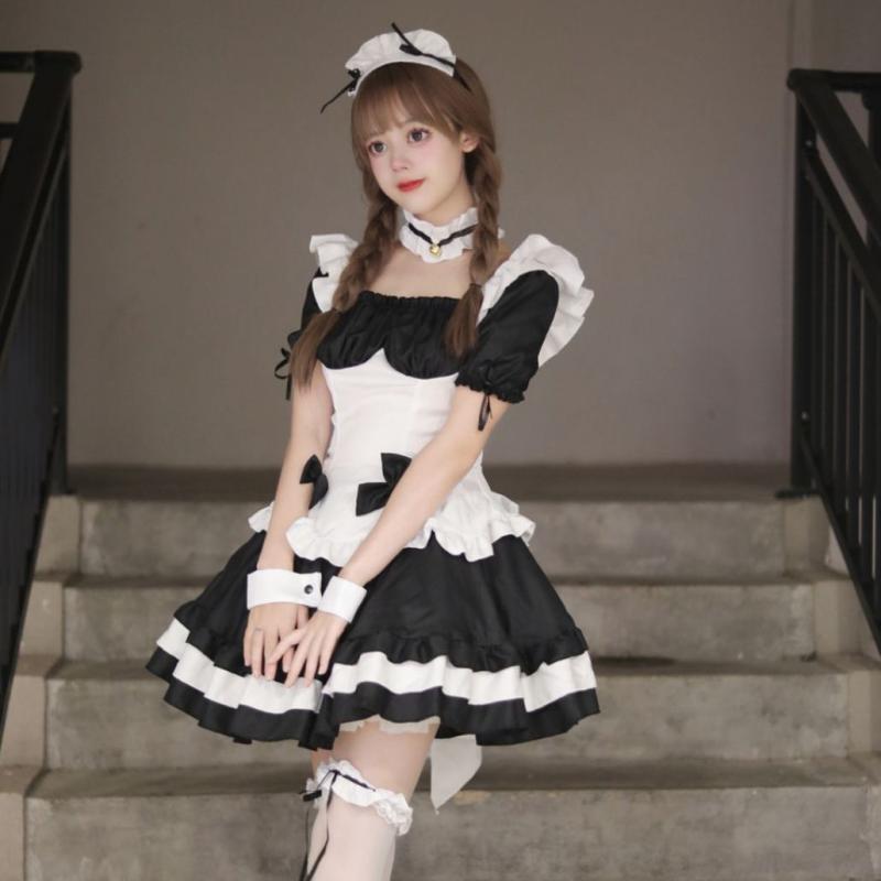 メイド服 レディース 女性用 白黒 チョコレート ロリータ プリンセス ドレス ワンピース コスプレ イベント 仮装 パーティー ハロウィン かわいい フリル レース ポリエステル