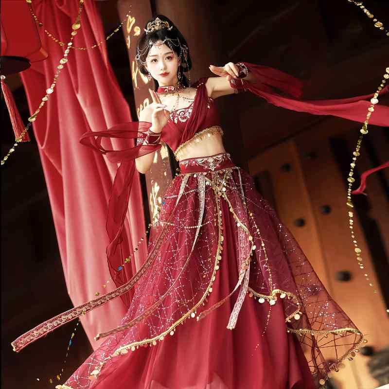 漢服 レディース 敦煌風 西域風 ケープ トップス アームカバー スカート セットアップ ポリエステル素材 紅色 神秘的 優雅 舞台衣装 コスプレ イベント パーティー 撮影