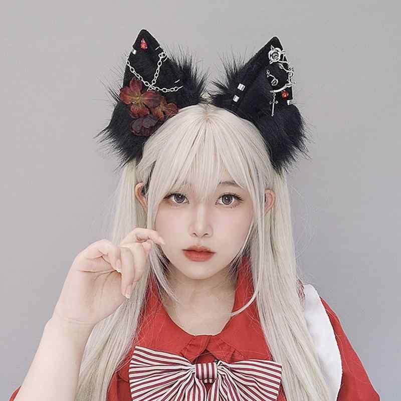 ヘアアクセサリー ユニセックス オオカミ耳 フェイクファー ボア ふわふわ ゴシック ダーク系 コスプレ ハロウィン イベント パーティー カチューシャ ハンドメイド オリジナルデザイン
