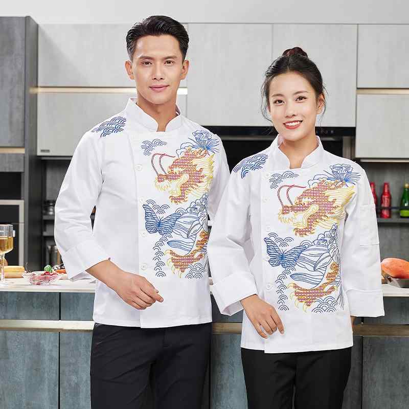 シェフ服 メンズ 長袖 龍刺繍 チャイナ風 コック服 上下セット 高級感 綿混素材 防汚加工 飲食店 レストラン 厨房 調理用 ユニフォーム ホワイト ブラック
