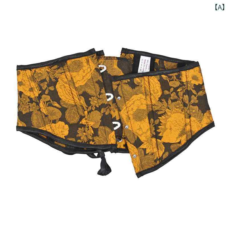 コルセット レディース レトロ調 油絵風 浮き彫り エンボス加工 ショート丈 ウエストマーク フィッシュボーン 3段ホック ワイドベルト スタイルアップ くびれ 着痩せ効果 ポリエステル ファッション小物 イエロー ブラウン 2