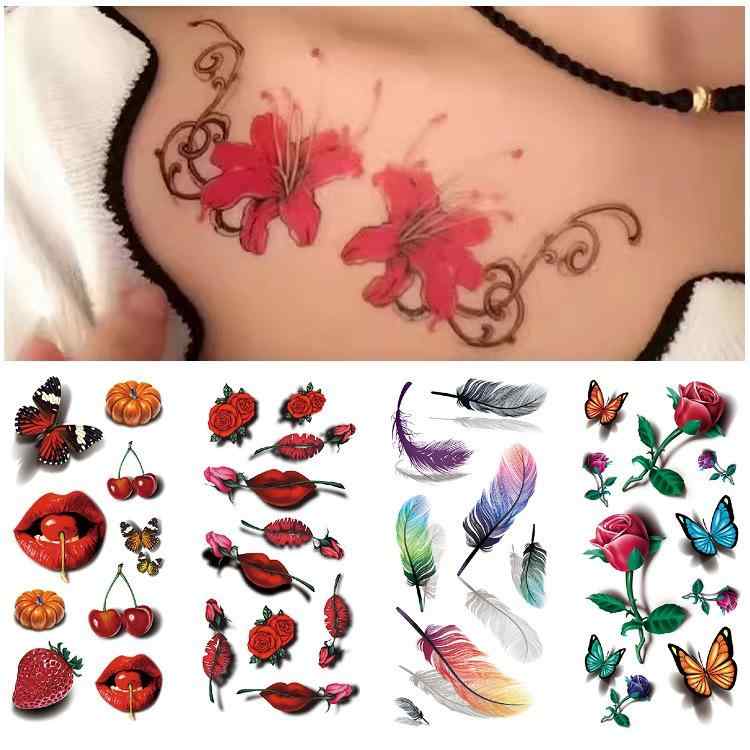 タトゥーシール 3D 立体 カラフル リアル バラ 花 リップ 唇 鎖骨 腕 傷隠し ボディカバー 水転写式 防水 イベント コスプレ フェス ファッション 幾...