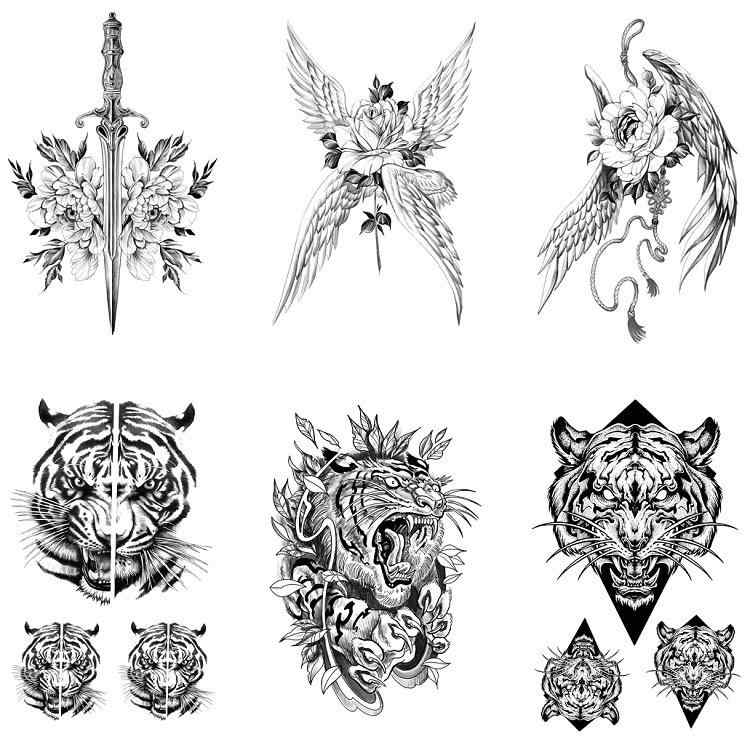タトゥーシール 花柄 翼 虎 タイガー リアル フェイク ウォーター転写 ハーフスリーブ 腕用 一時的 ファッション イベント コスプレ 簡単装着(x2)