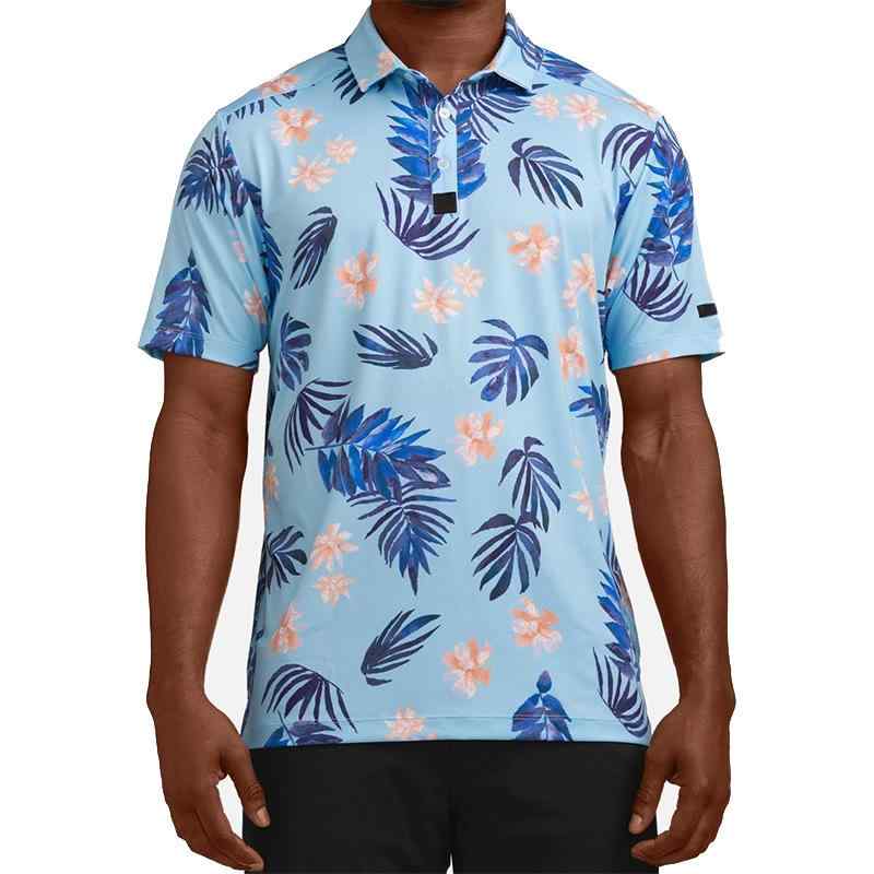 ポロシャツ メンズ ゴルフウェア 男性用 吸汗速乾 ドライフィット 形態安定 花柄プリント スカイブルー..