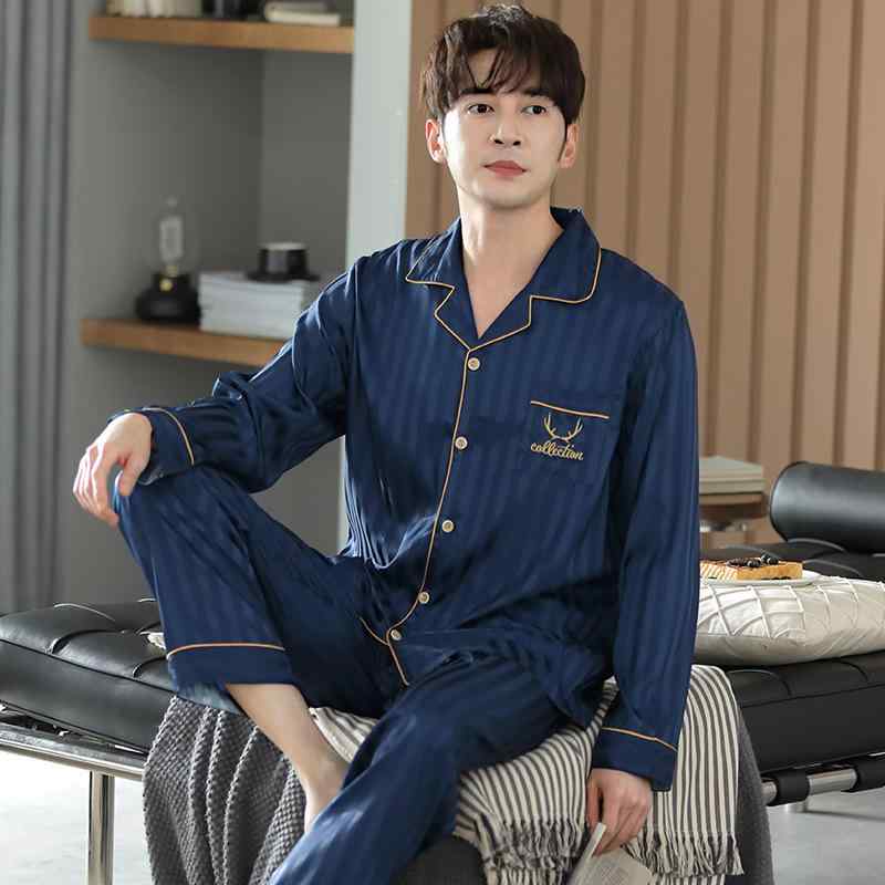 パジャマ メンズ 男性用 接触冷感 薄手 長袖 カジュアル テーラード襟 伸縮性 通気性 快適 ポリエステル ルームウェア 上下セット ロングパンツ 春夏 普段使い