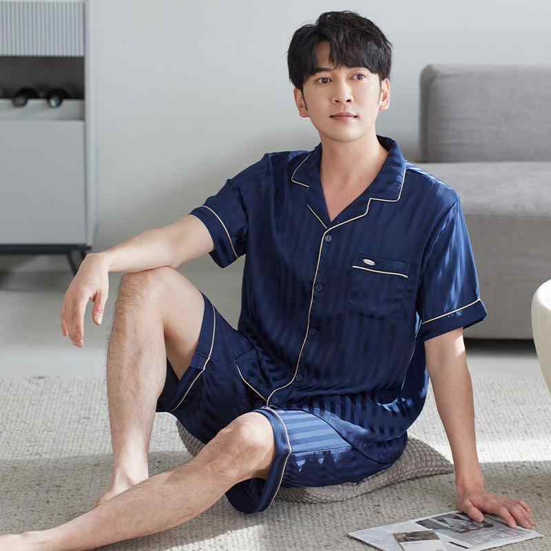 パジャマ メンズ 春夏 接触冷感 半袖 ショートパンツ 上下セット 高級感 シルク調 薄手 前開き 大きい..